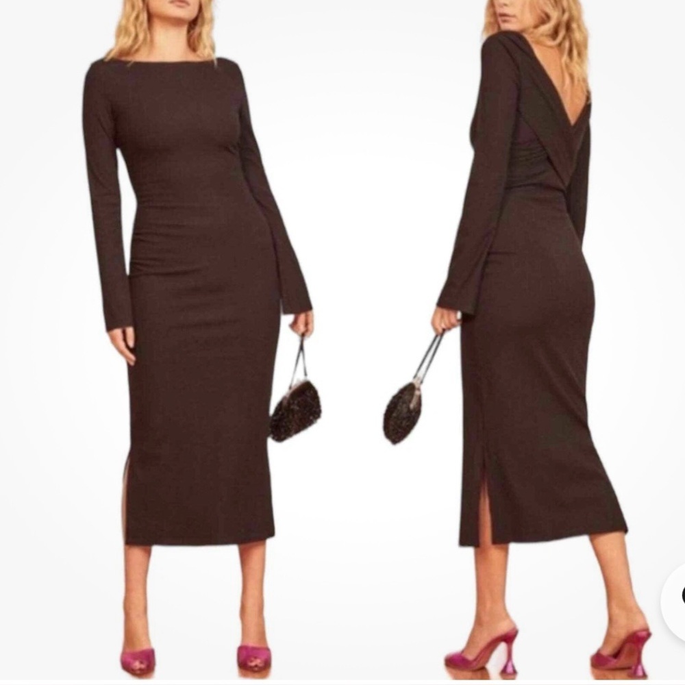 NWT Reformation Nessa Ribbed Midi Dress Black Long Sleeve Twist Back S - Picture 5 of 16